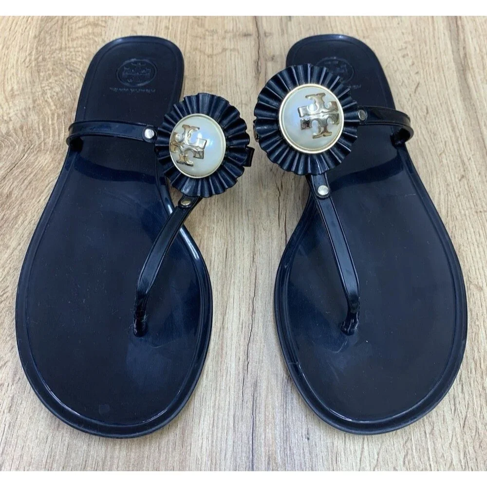 Tory Burch Jelly Thong Sandals Black Gold Logo Pearl Medallion Women's Size 9